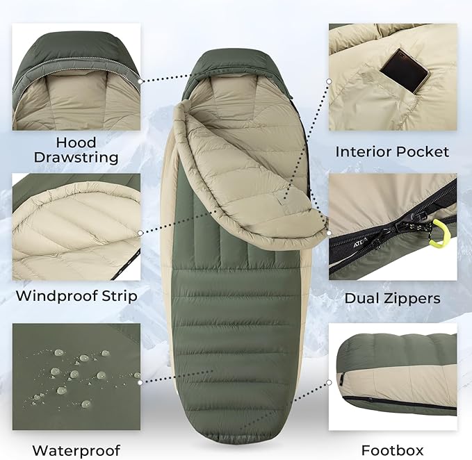 ATEPA Down Sleeping Bag, 700FP Mummy Cold Weather Ultralight 3 Season Compact Packable Waterproof Sleeping Bag with Stuff Sack for Backpacking Camping Hiking Traveling