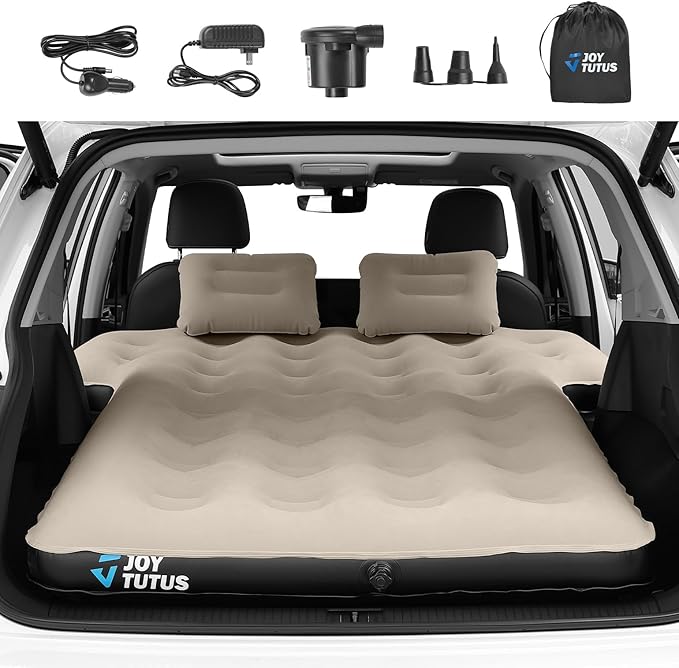 JOYTUTUS SUV Air Mattress for Car Camping, Upgraded Flocking and Extra Thick Oxford Surface Car Air Mattress, SUV Camping Bed Mattress,2-in-1 Air Pump, 2 Pillows & Carry Bag (Camel)