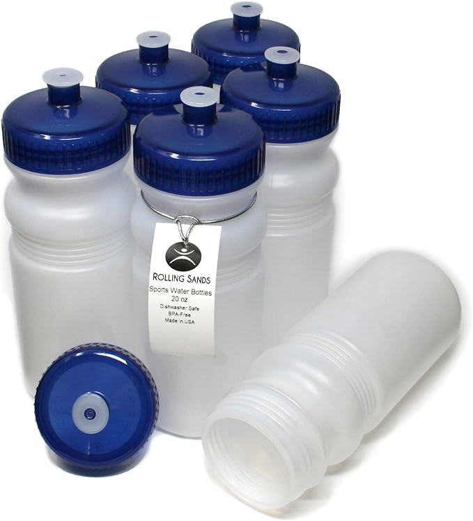 Rolling Sands USA Made 20 Ounce Sports Water Bottles - 6-Pack BPA-Free Blank Sports Bottles for Small Teams, Adults & Kids - Clear Frost Bottle/Navy Lid, No Smell No Taste