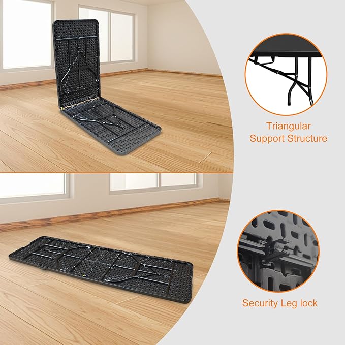 8 FT Folding Table with Carry Handle, Portable Fold-in-Half Plastic Table, Rectangle Foldable Table for Indoor/Outdoor Black