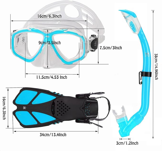 Kids Mask Fins Snorkel Set Snorkeling Packages, with Diving Mask, Snorkel, Adjustable Swim Fins, Mesh Bag, Anti-Fog Anti-Leak Snorkeling Gear for Kids for Snorkeling Swimming Diving