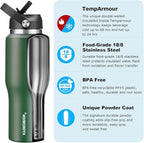 HYDROWION Water Bottle Insulated,32oz Water Bottles Straw Lid, Spout Lid and Flex Cap, Tumbler Flask (Cold for 48 Hrs, Hot for 24 Hrs), Leakproof Travel Thermo Mug, Fit Any Car Cupholder, Olive
