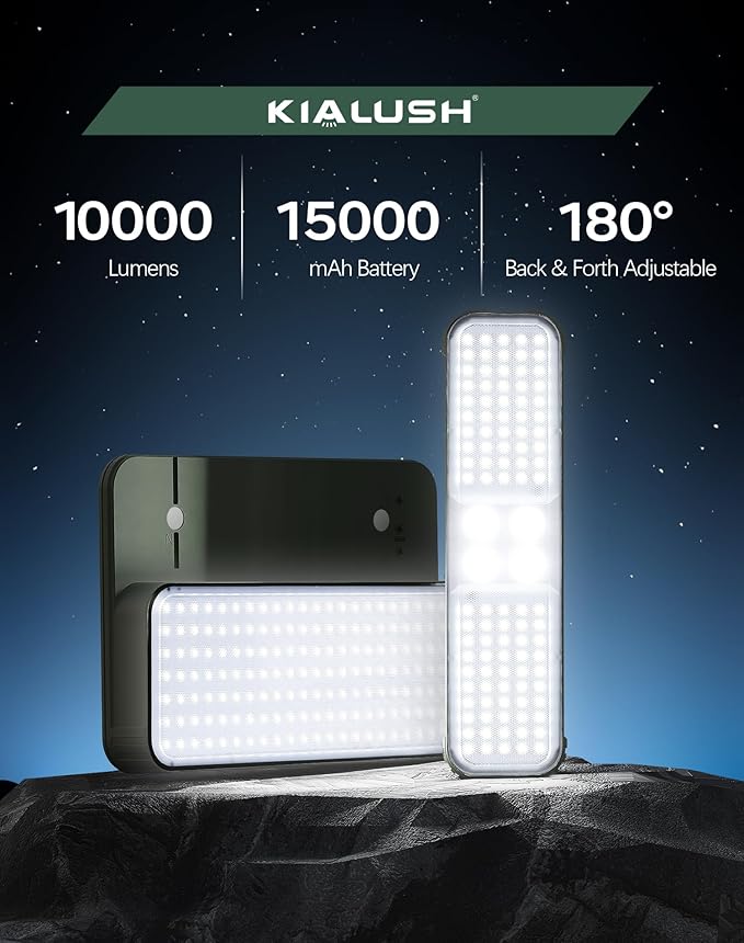 10000lm Dimmable Rechargeable Work Light, 15000mAh Detachable Camping Work Light 72'' Telescopic with 2 Separate Lights, 2 Charge Ways Type C & Solar Powered