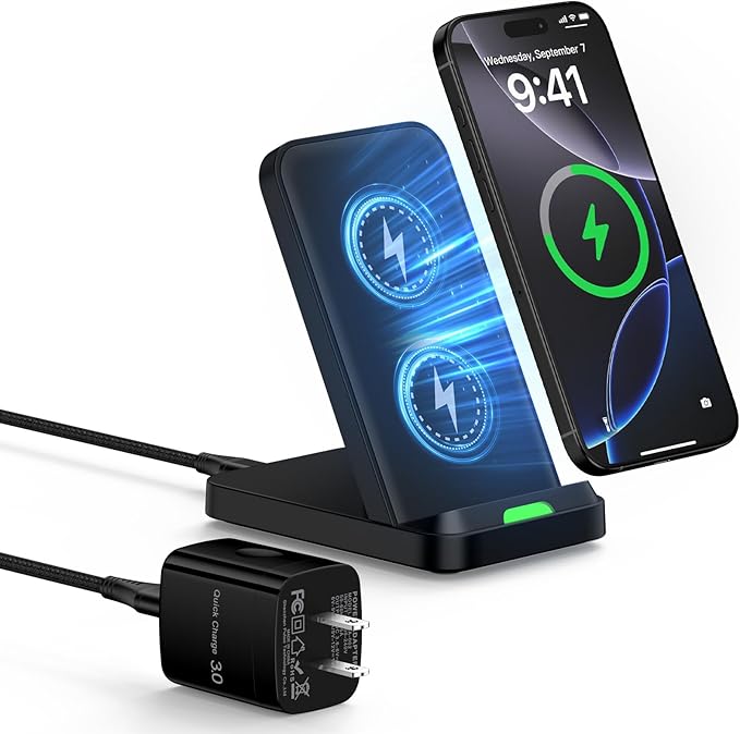 15W Samsung S25 Wireless Charger Fast Charging Stand for Galaxy S25 Ultra/S25 Plus/S24 Ultra/Z Flip7/Fold7, Android Wireless Charging Station with QC Adapter for Pixel 10 9 Pro XL/Fold/8 iPhone 17 16