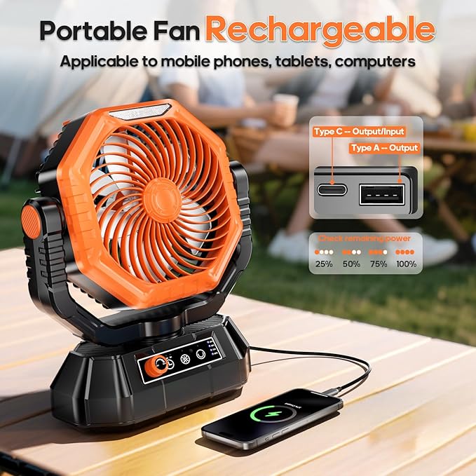 AJVV Camping Fan Rechargeable, Battery Powered Fan With Remote Controller, LED Light, Dual Motors, Stepless Speed, 45°/90°/270° Swing,Timer, Portable fan For Travel Tent Bedroom Beach Fishing, Orange