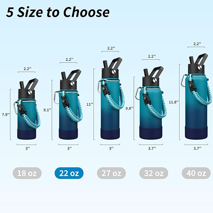 BJPKPK Insulated Water Bottle with Straw Lid, 22oz Thermo Water Bottles with 3 Lids, Paracord Handle & Non-slip Boot, BPA Free Leak Proof Stainless Steel Tumblers,Vast