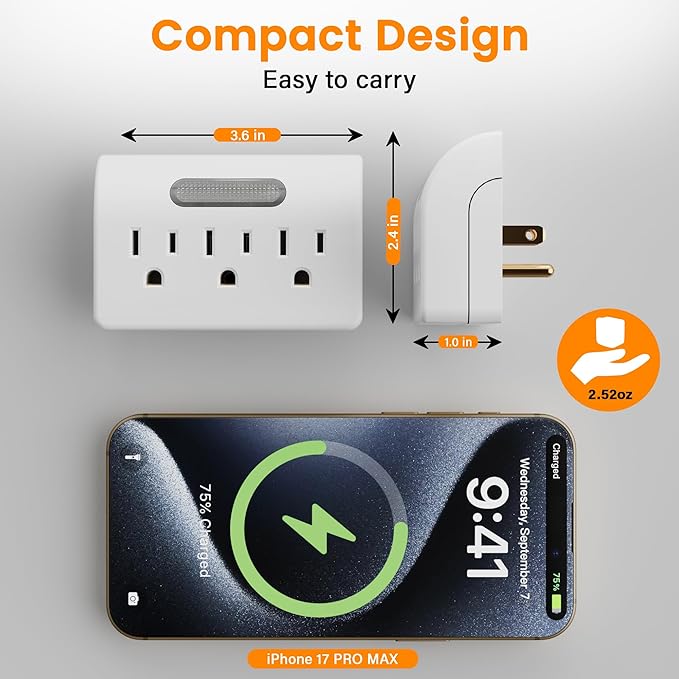 3-Outlet Extender 2PK, 3-Prong Grounded Wall Tap Adapter with LED Guide Light, White 1875W Multiple Plug Electrical Outlets Splitter for Home, Office, Hotel, Travel, ETL Listed, Cruise Essentials