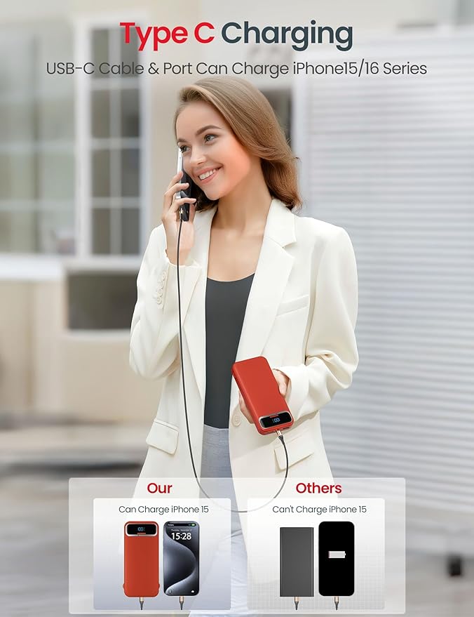 12000mAh Lightweight-Portable-Charger-Power-Bank with Built-in Cables and AC Wall Plug, PD20W USB-C Fast Charging Battery Pack, LED Display External Travel Phone Charger for All iPhone,Samsung,Android