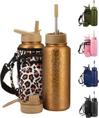 32 Oz Insulated Water Bottle with Strap Stainless Steel Sports Water Bottle with 3 Lids (Straw, Chug & Flip Lid) 1 Liter Leak Proof Insulated Metal Jug for Men & Women - Gold Leopard