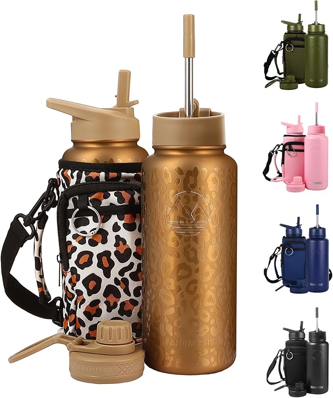 32 Oz Insulated Water Bottle with Strap Stainless Steel Sports Water Bottle with 3 Lids (Straw, Chug & Flip Lid) 1 Liter Leak Proof Insulated Metal Jug for Men & Women - Gold Leopard