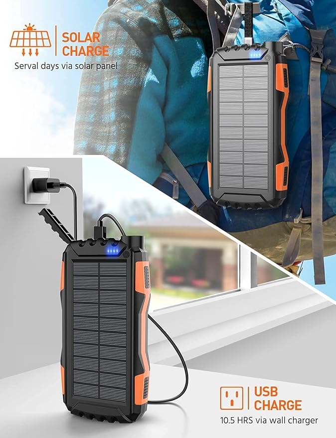 Solar Charger, Power Bank, 42800mAh Portable Charger Power Bank External Battery Pack 5V3.1A Qc 3.0 Fast Charger Built-in Super Bright Flashlight (Orange)