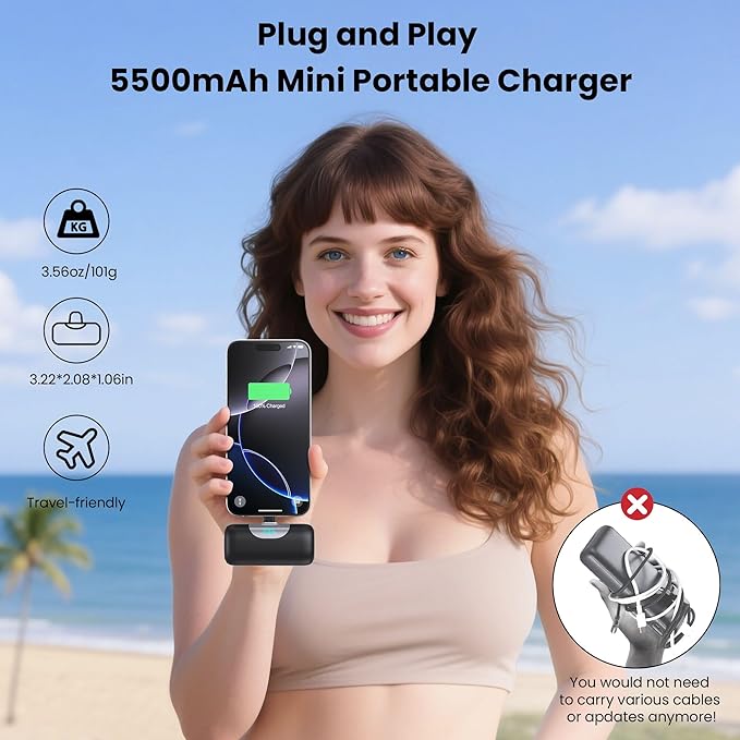 [2 Packs]Mini Portable Charger for iPhone 17/16,5500mAh LCD Display USB C Power Bank,Fast Phone Charging Travel Pocket Size Battery Pack for iPhone 17/17 Pro Max/Air/16/15 Series,Android(Black+Silver)