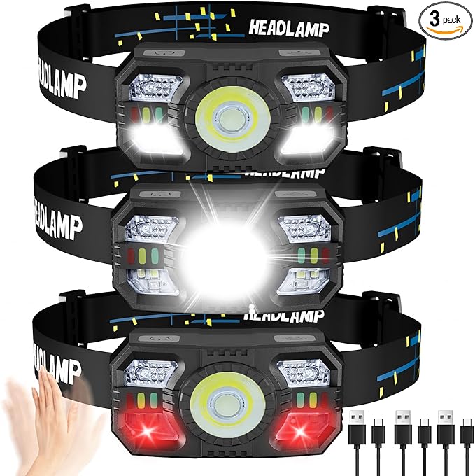 3 Pack Headlamp Rechargeable, 1200 Lumens LED Head Lamp with Red Light, Motion Sensor, 10 Modes, 60° Adjustable Head Lights for Forehead, IPX5 Waterproof Headlamps for Adults - Running,Camping,Hiking