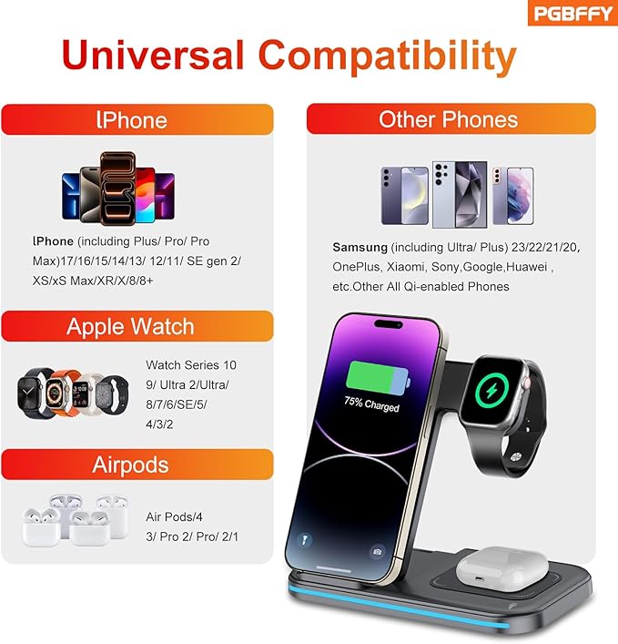 3 in 1 Charging Station Wireless Charger lPhone Foldable Charging Stand for Multiple Devices with Quick Charger for lPhone 16/15/14/13 Pro Max Watch AriPods Pro 2