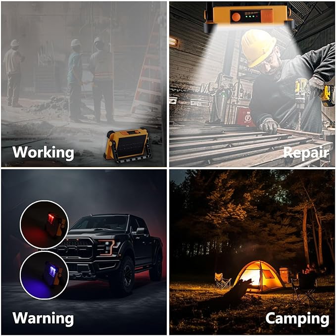 120W Solar Rechargeable Work Light, 144 LED 10000LM Portable Flood Light with Stand, IP66 Waterproof 4 Modes LED Job Site Lighting Flashlights for Mechanic Camping Fishing Car Repair