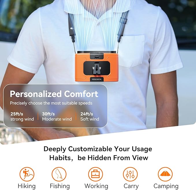 20000mAh Personal Waist Fan, USB Rechargeable Clip The Waist For Working,10 Speed & 40H Cooling and Heatstroke Prevention For Outdoor Travel Camping (K60-orange, 24000mAh)