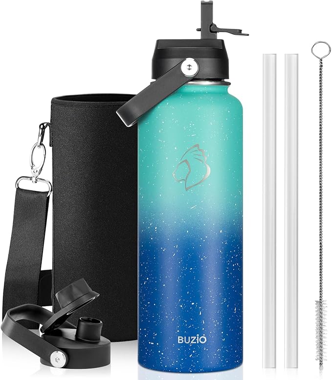 BUZIO Insulated Water Bottle with Straw, 40 oz Stainless Steel Sports Wide Mouth Water Bottle, BPA-Free Flex Cap and Straw Lid, Wide Mouth BPA-Free Sweat-Proof Sports Water Flask, Keep Hot Cold