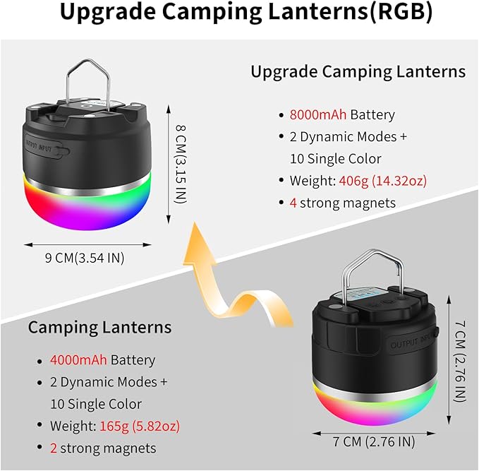 Rechargeable Camping Lantern 8000mAh, Portable RGB Hanging Lights Magnetic Base, Waterproof LED Tent Lights for Camping, Hurricane, Hiking, Home Emergencies, Outdoor Party - Black