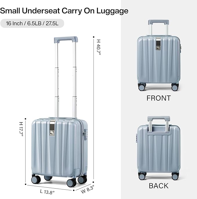 Hanke 16 inch Underseat Carry on Suitcases with Wheels,Lightweight Hard Shell Carry on Luggage with Wheels for Weekender,Travel Approved Small Suitcase,Travel Luggage for Womem Men,Gray.