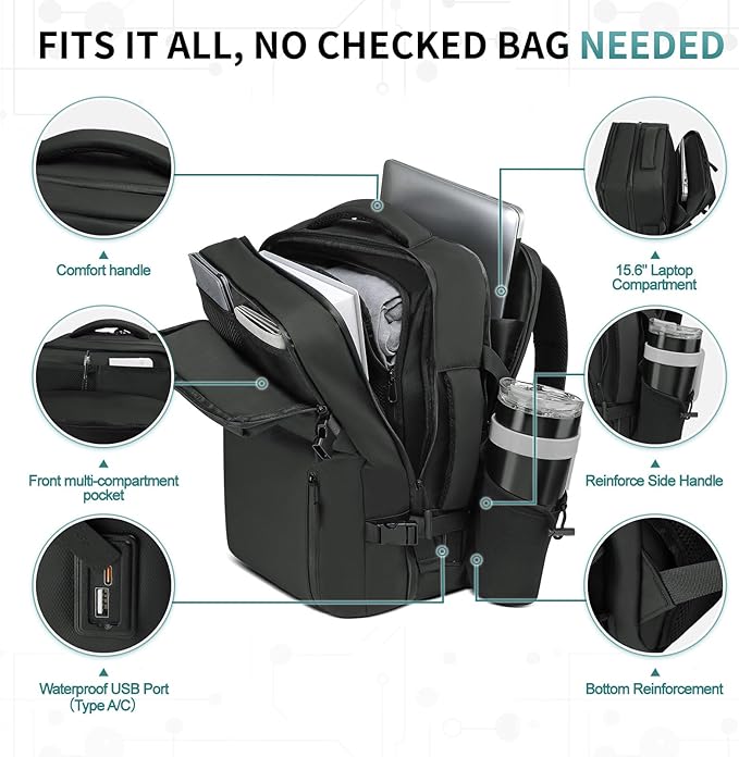 Lay Flat Carry on Travel Backpack, 30L Airline Approved, Fits 16" Laptop, USB-C & USB-A, Water Resistant, Black