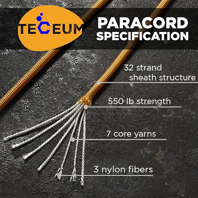 TECEUM 5/32" Paracord Rope 1000 – 1000ft / 200ft / 100ft / 50ft – Tactical Parachute Cord 4mm – 45+ Colors – Nylon String for Survival & Camping Gear – Stripe Cord for Survival – Utility Rope