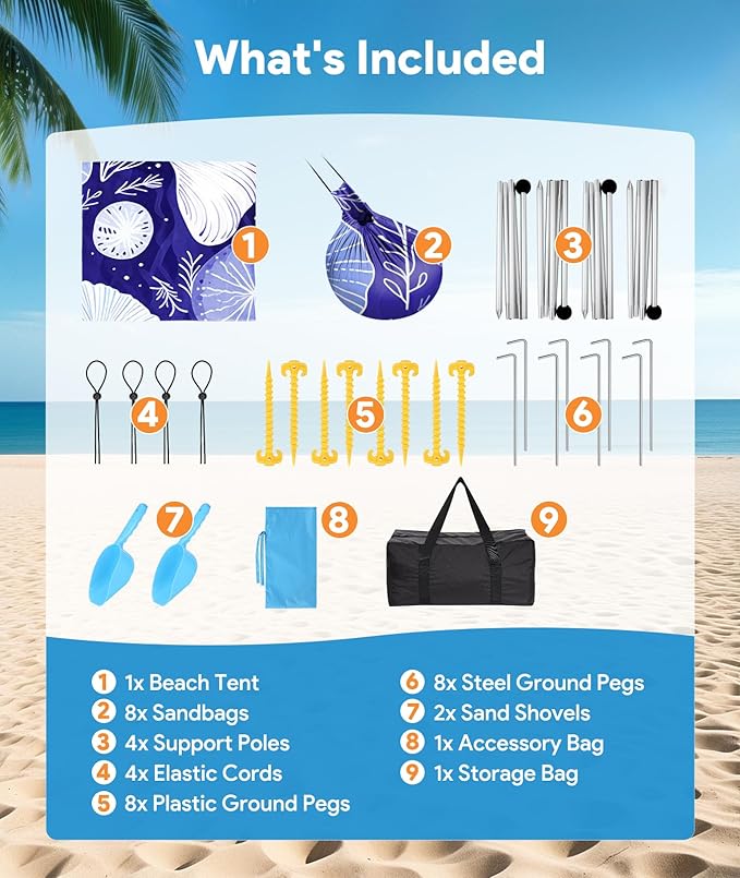 Beach Tent Sun Shelter, 10 x 10 FT Beach Canopy Tent Sun Shade, UPF50+ Tents Canopy with 8 Sandbags & 4 Stability Poles, Outdoor Tents for Camping Fishing, Jellyfish