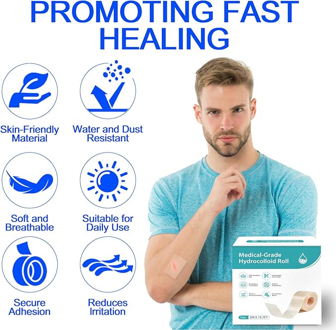 Hydrocolloid Bandages Roll 2" × 19.7' – Hydrocolloid Roll for Wound Care, Hydrocolloid Patch Large, Hydrocolloid Gel Bandages Hydrocolloid Dressing with Self-Adhesive, DIY Size Shape First Aid Kit