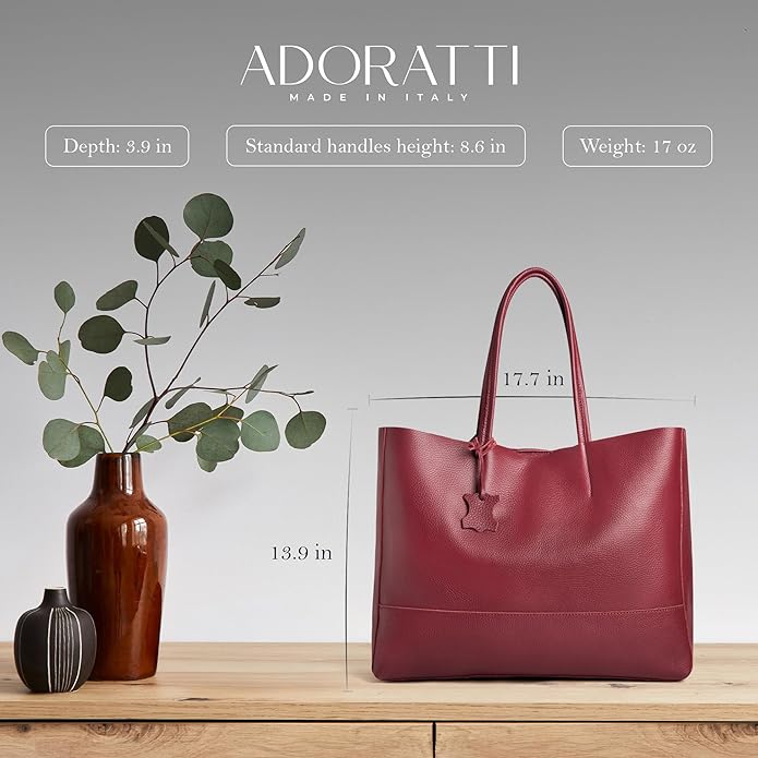 Italian Leather Tote Bag for Women - Large Shoulder Shopper, Fits 16” Laptop, Keychain Holder, Made in Italy