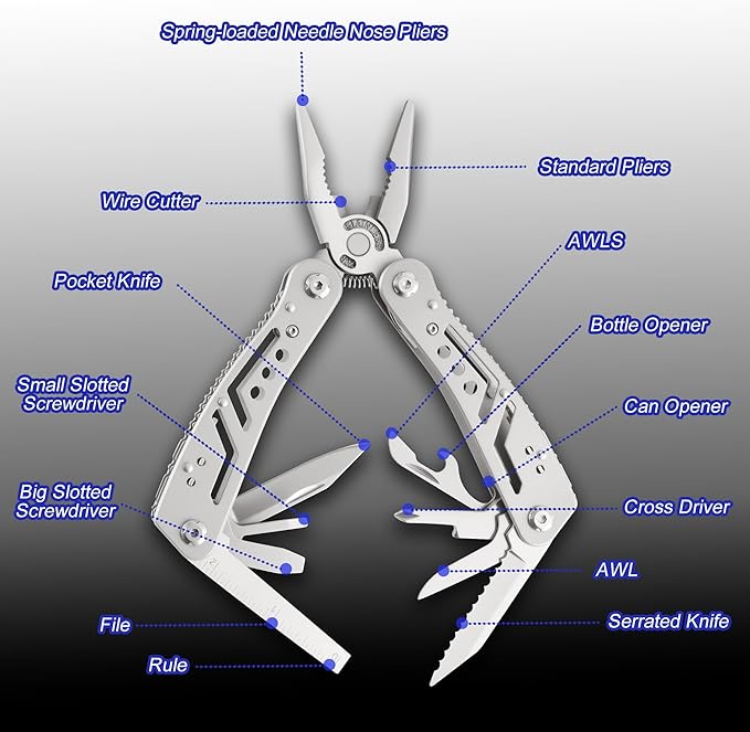 14-In-1 EDC Multitool Pliers, Stainless Steel Multi Pliers, Pocket Knife, Bottle Opener, Screwdriver with Pouch for Survival and Camping
