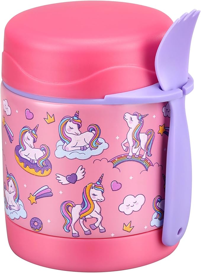 10oz Soup Thermo for Hot Food Kids Insulated Food Jar,Thermo Hot Food Lunch Container, Width Mouth Stainless Steel Lunch Box for Kids with Spoon (Pink-Cute Horse)