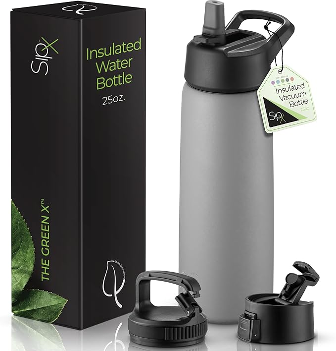 SipX™ Triple-Insulated Stainless Steel Water Bottle 25oz. With 3 Lids, BPA-Free Reusable Insulated Water Bottle Keeps Cold 24 Hours, Metal Water Bottle Made Of Sustainable Material For Hiking & Biking
