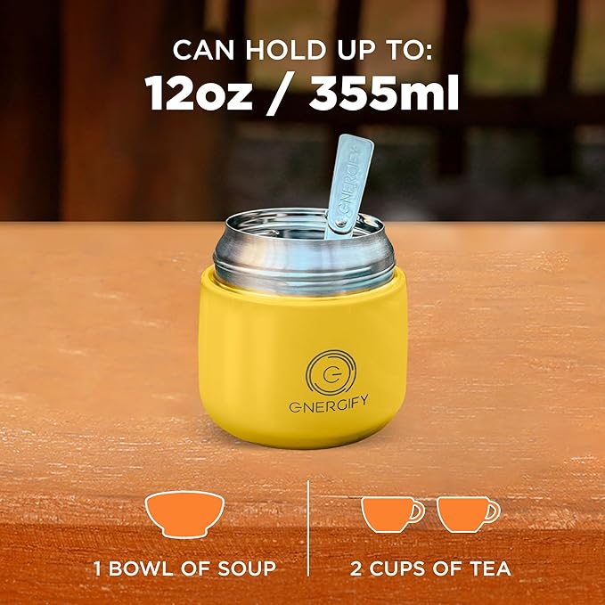 ENERGIFY Vacuum Insulated Food Jar. Large 12oz Bowl incl. Folding Spoon, Cup. Wide Mouth Keep Hot & Cold Drinks Soup Lunch Container for Adults. BPA-Free Stainless Steel, Leak Proof Yellow