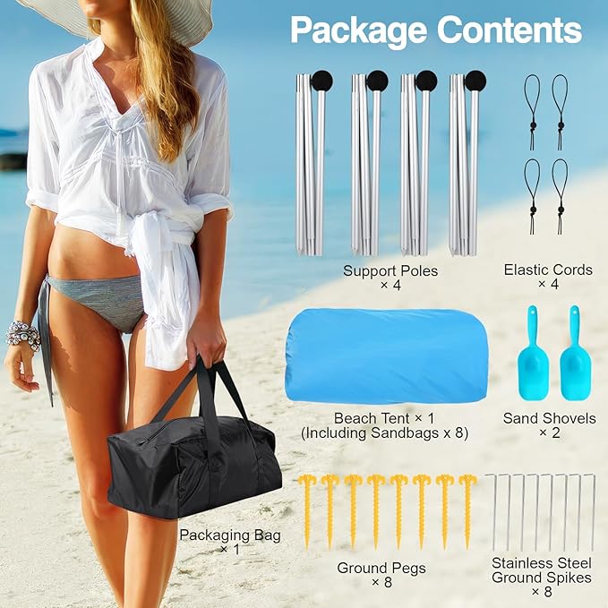 Rhino Valley Beach Tent Shade Canopy UPF50+ Protection, 8 Sandbags, 4 Stability Poles, Outdoor Sun Shelter Umbrella for Sand, Camping, Fishing Essentials