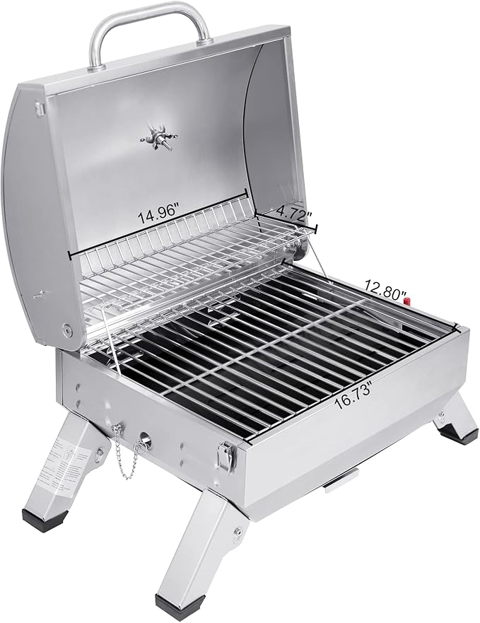 Royal Gourmet GT1001 Stainless Steel Portable Grill, 10000 BTU BBQ Tabletop Gas Grill with Folding Legs and Lockable Lid, Outdoor Camping, Deck and Tailgating, Silver
