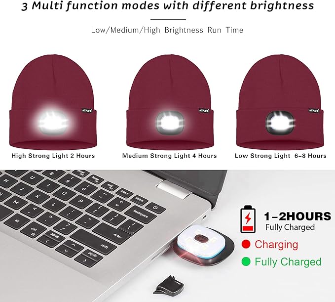 ATNKE LED Lighted Beanie Hat,USB Rechargeable 4 LED Running Headlamp Bright Cap with The Light Gifts for Men and Women