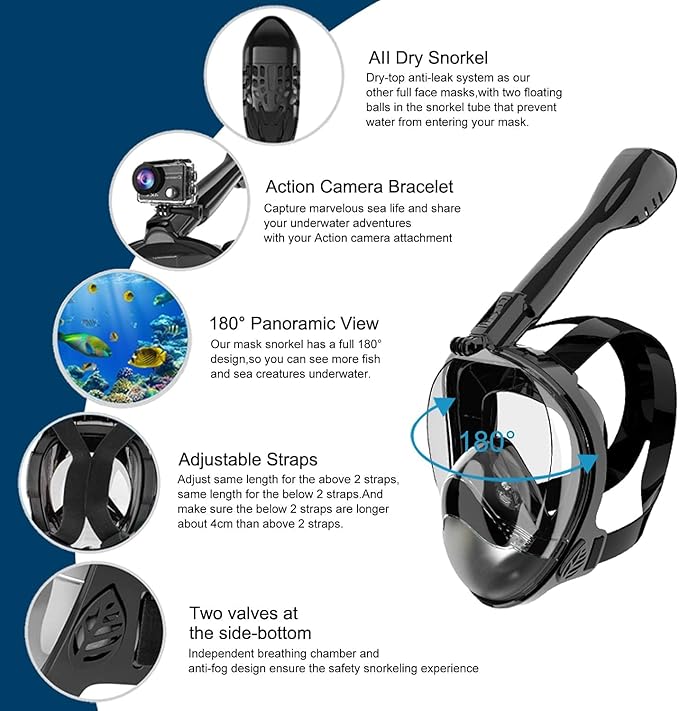 Full Face Snorkel Mask, Diving Mask for Kids and Adults,180° Panoramic View Snorkel Mask with Camera Mount, Safe Breathing, Anti-Leak&Anti-Fog