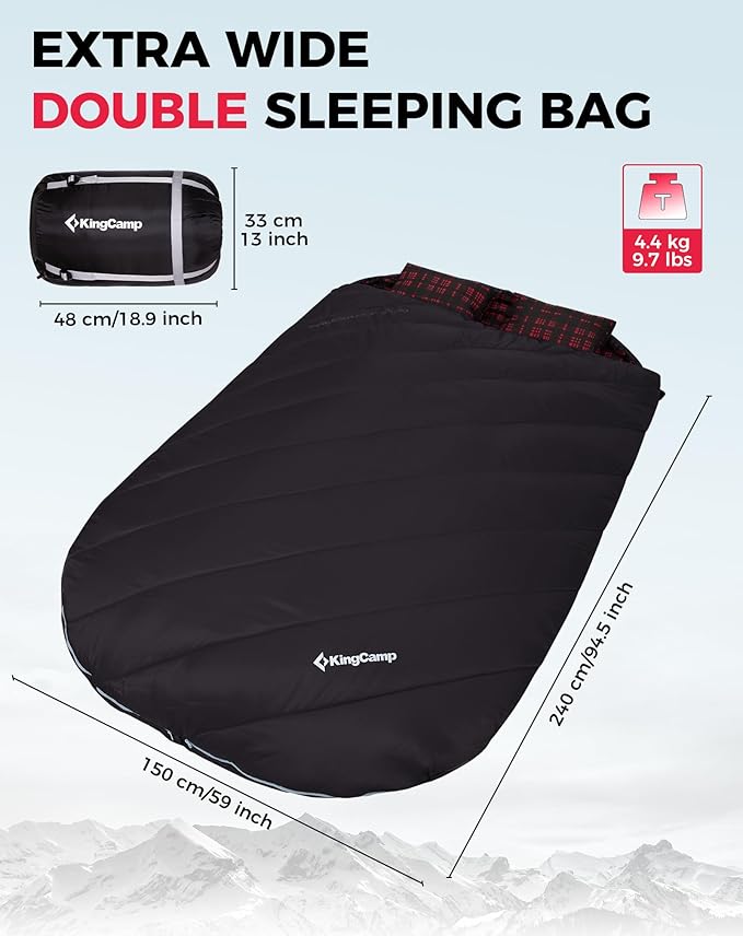 KingCamp Double Sleeping Bag for Adults, Queen Size 2 Person XXL Flannel Sleeping Bag, Waterproof Lightweight Flannel Quilt with 2 Pillows, Perfect for Couples Family Camping Hiking
