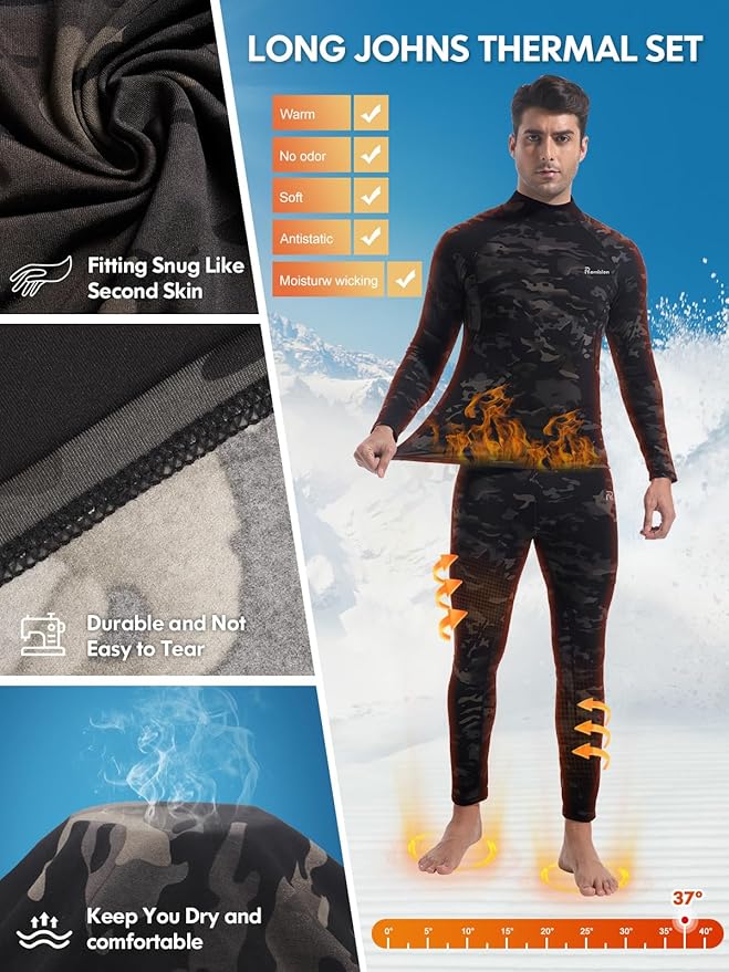 romision Thermal Underwear for Men Long Johns Fleece Lined Hunting Gear Bottom Top Set Base Layer for Cold Weather Gift
