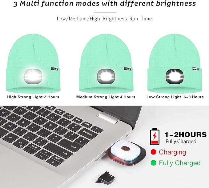 ATNKE LED Lighted Beanie Hat,USB Rechargeable 4 LED Running Headlamp Bright Cap with The Light Gifts for Men and Women