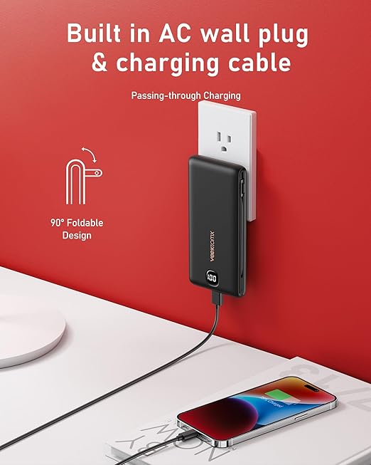 Portable Charger Power Bank Built in Cables and Wall Plug, 10000mAh iPhone Battery Pack Fast Charging, USB C External Slim Power Bank, Travel Essentials Compatible with iPhone 17 16 15 14 iPad, Black