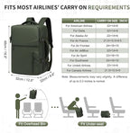 Lay Flat Carry on Travel Backpack, 30L Airline Approved, Fits 16" Laptop, USB-C & USB-A, Water Resistant, Green