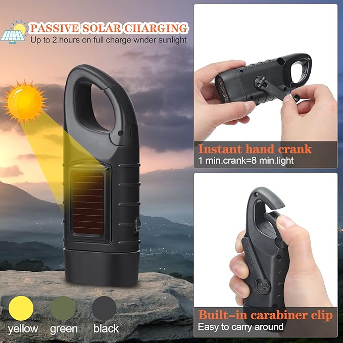 Mudder 6 Pcs Hand Crank Solar Powered Flashlights Emergency Rechargeable LED Handheld Flashlights for Survival Gear Outdoor Sports Camping Hiking Backpack Safety(Green Yellow Black)