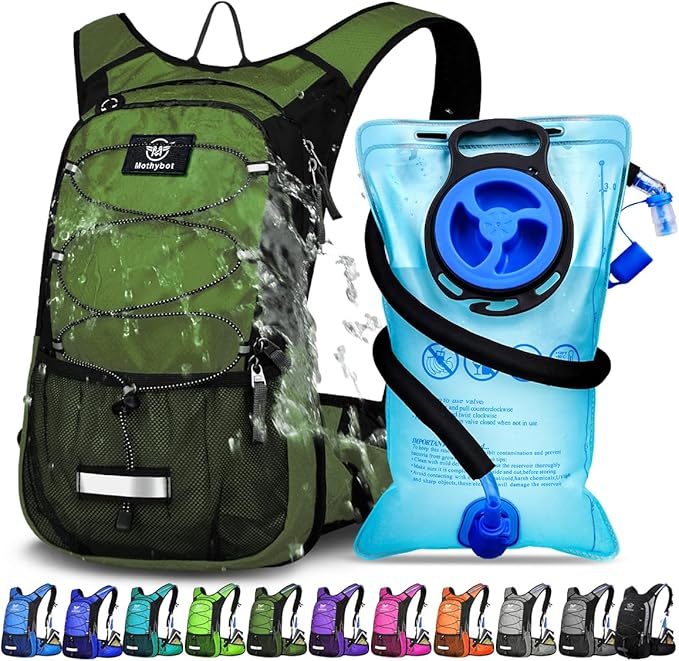 Insulated Hydration Backpack Pack with 3L BPA Free Leak Proof Water Bladder, Large Storage Lightweight Hiking Daypack with Waist Pouches & Cooler Layer, for Running, Biking, Camping, Festival