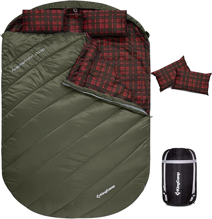 KingCamp Double Sleeping Bag for Adults, Queen Size 2 Person XXL Flannel Sleeping Bag, Waterproof Lightweight Flannel Quilt with 2 Pillows, Perfect for Couples Family Camping Hiking