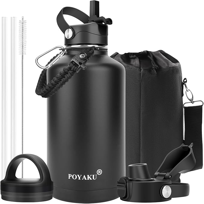 Water Bottle Insulated 32oz 40oz 64oz 128oz Straw Lid Spout Lid & 3 Lids, Leak Proof, Vacuum Insulated,Stainless Steel Water Bottle Wide Mouth for Sports, Gym or Office