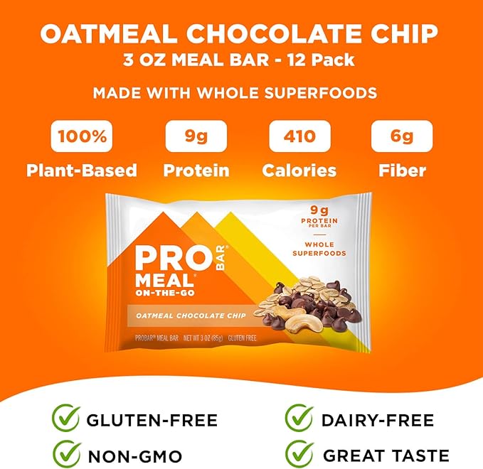 PROBAR - MEAL Bar, Oatmeal Chocolate Chip, Non-GMO, Gluten-Free, Healthy, Plant-Based, Whole-Food Ingredients, Natural Energy (12 Count)