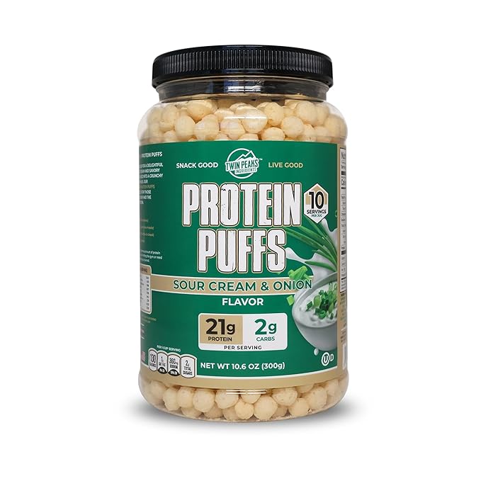 Twin Peaks Protein Puffs - (Sour Cream & Onion), Keto Friendly, Low Carb Snack (300g, 21g Protein, 2g Net Carbs, High Protein, Healthy Crunchy Snack)