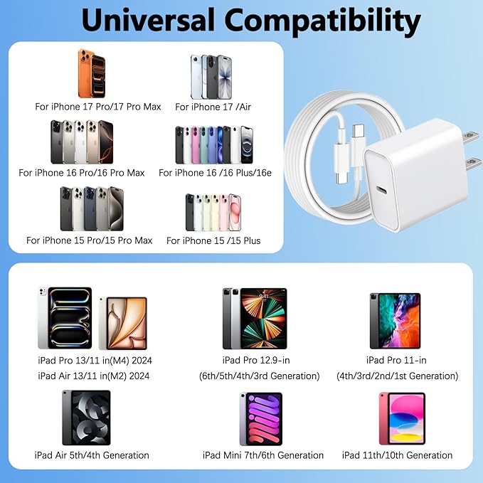 USB C Fast Charger for iPhone 17 Pro Max/Air/16 Plus/16e/15,iPad Pro 13/12.9/11 inch,iPad Air 13/11 inch/5th/4th,iPad 10th,iPad mini 7/6th,20W Type C Charger Fast Charging Block & 6FT USB C to C Cable