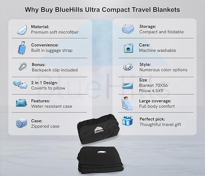 BlueHills Ultra Compact Travel Blanket 2 Pack Large Soft Cozy Portable Blanket Sheet with Carry Case and for Flight Airplane Car Layover Camping Hotel C203-2PK-Black