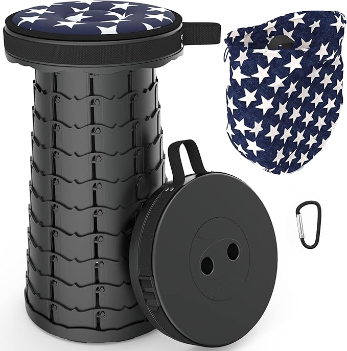ALEVMOOM Portable Telescoping Collapsible Stool with Cushion & Bag, Retractable Folding Stool for Adults, Lightweight But Sturdy Capacity 440 lbs for Camping Fishing Hiking BBQ